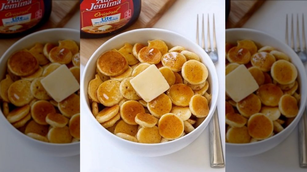 Pancake cereal with butter and syrup