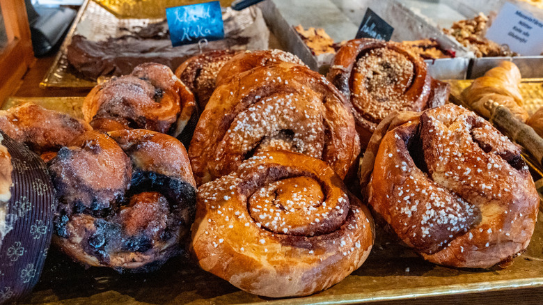 Various buns on bakery counter