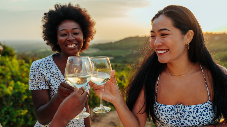 Three women toasting with glasses of wine, only two in the frame, at sunset outdoors in wine country