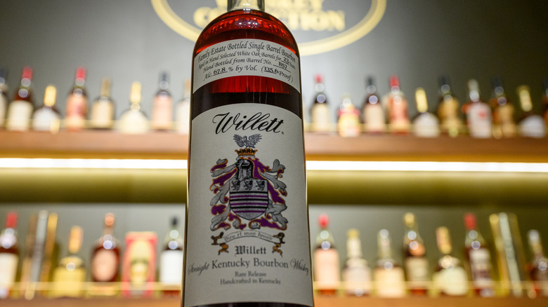Bottle of single barrel bourbon on bar