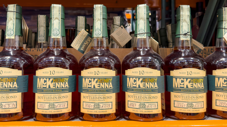 Row of bourbon bottles labelled "bottled-in-bond"