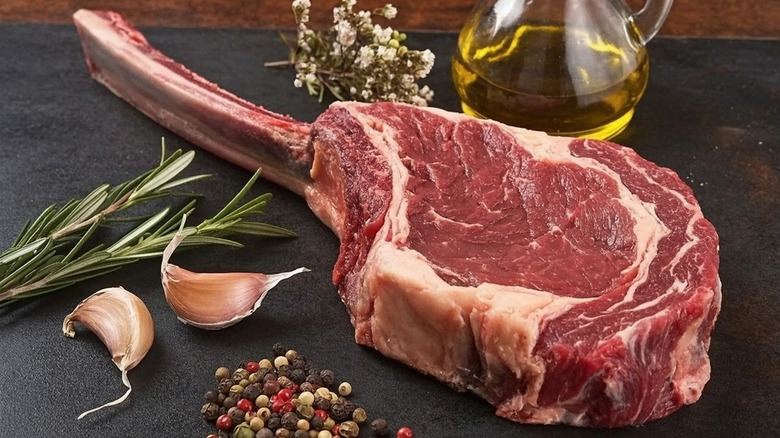 A thick, raw, bone-in tomahawk steak with garlic, oil, and seasonings on slate surface
