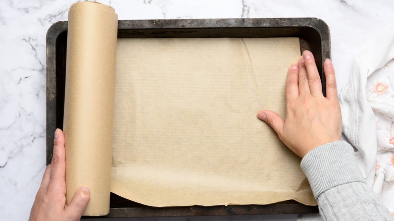 Lining pan with parchment paper