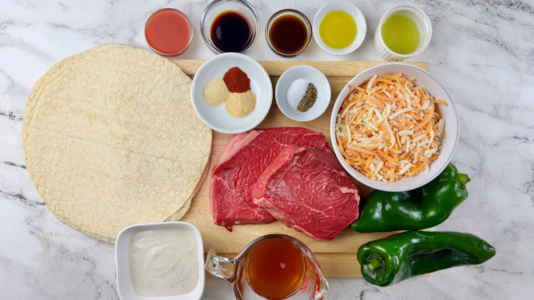 Ingredients for steak and poblano rolled quesadillas