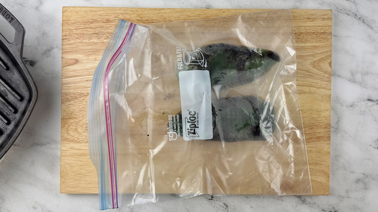 Poblano peppers in Ziploc bag