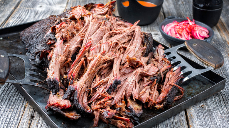 Shredded beef on serving platter