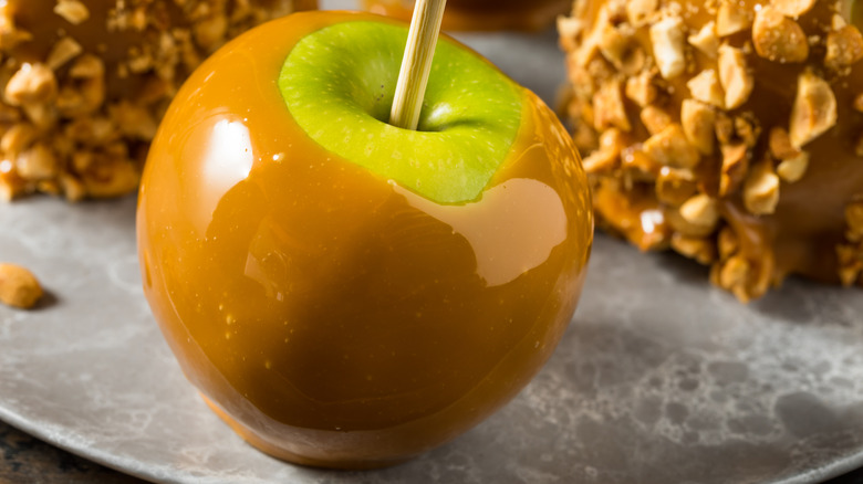 Caramel apple on a plate