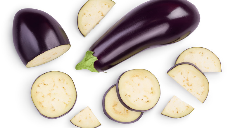 Slices of eggplant cut in different shapes and sizes 