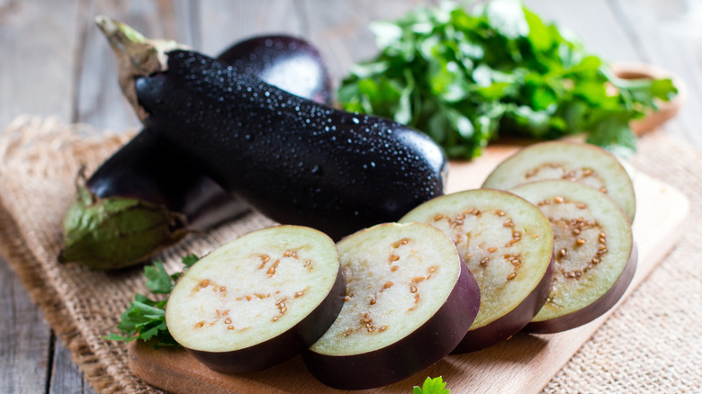 sliced eggplant on cutting board