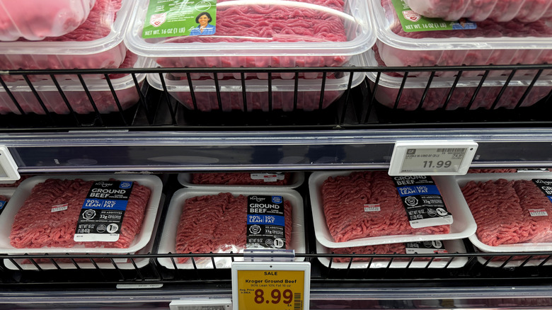 A selection of ground beef at a grocery store meat department