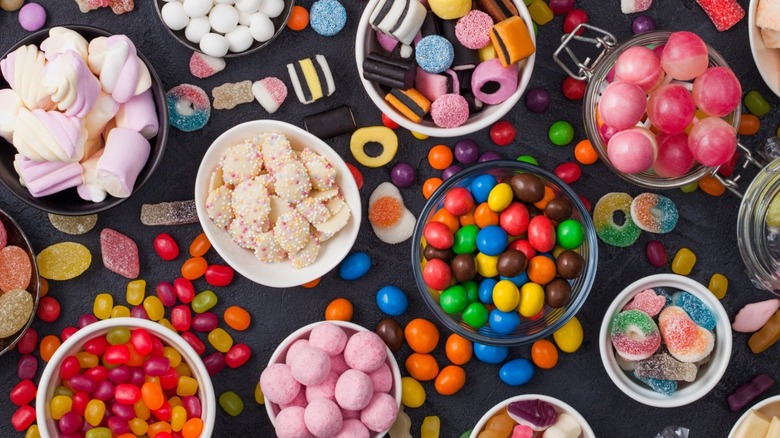 various candy in bowls