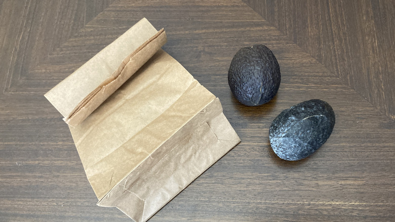 Two avocados next to a paper bag