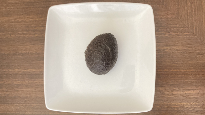 An avocado on a white plate on a table
