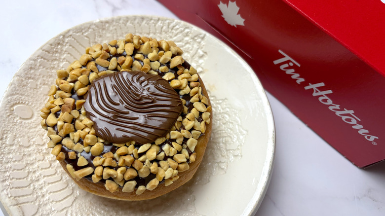 A Tim Hortons Nutella Donut on a plate