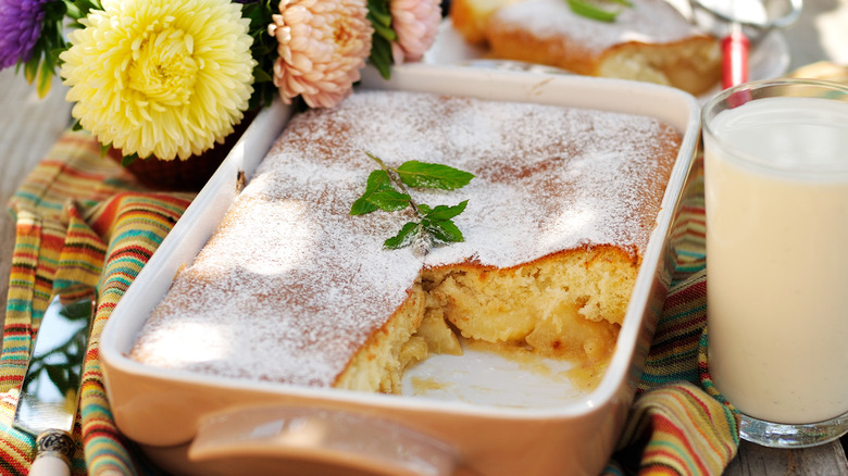 baking dish with Eve's pudding