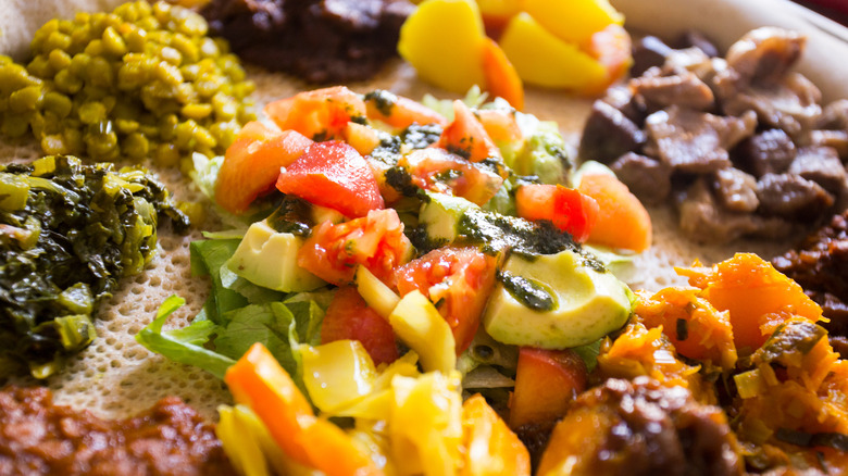 Ethiopian food platter on injera