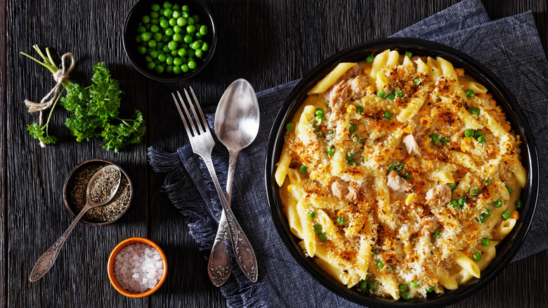 Tuna casserole with a side of herbs and green peas