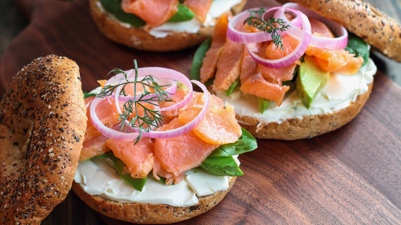 Lox and cream cheese on bagels