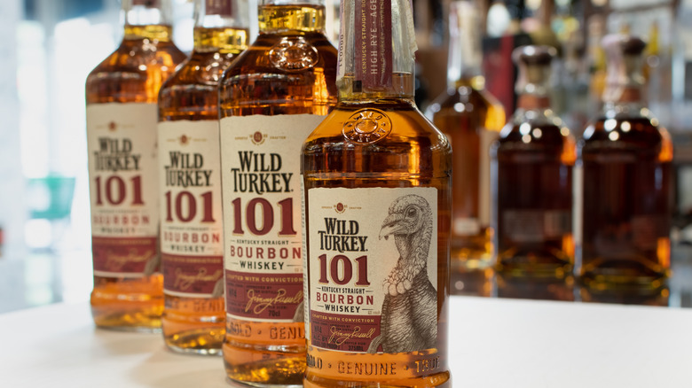Bottle of Wild Turkey 101 sitting against a rock in autunm leaves