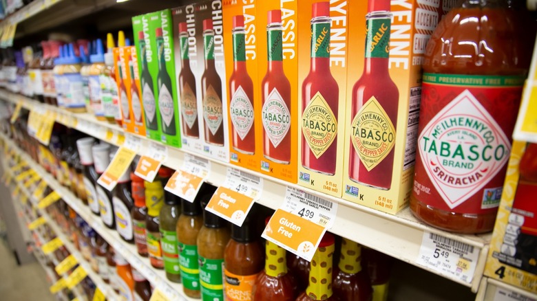 store shelf with Tabasco and other sauces