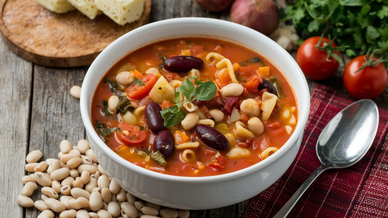 Minestrone soup in a white bowl