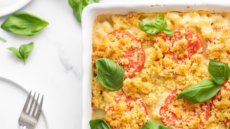 Ina Garten's mac and cheese in baking dish 