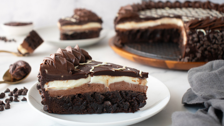 slice of chocolate-frosted cake on a white plate