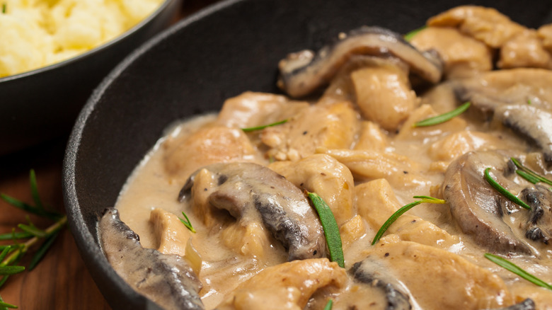 Chicken stroganoff close up with mash