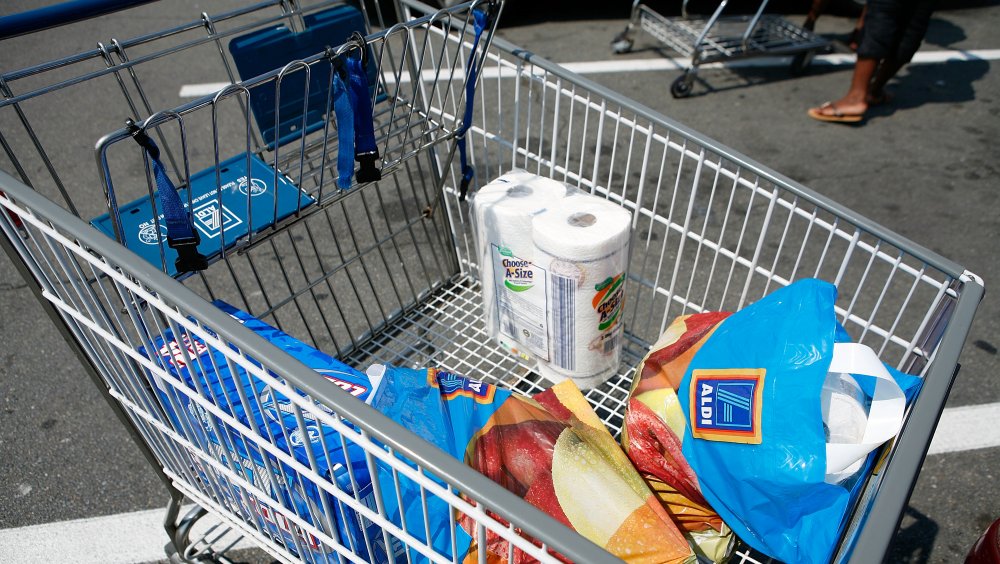 Shopping cart full of Aldi groceries