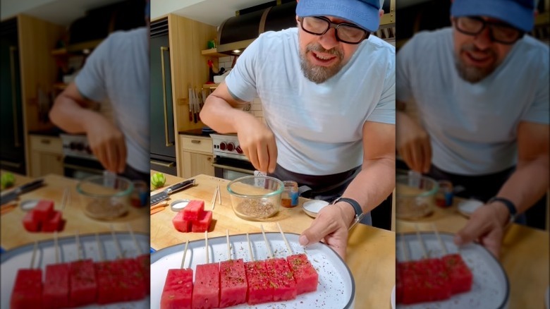 Michael Symon making watermelon kebabs 