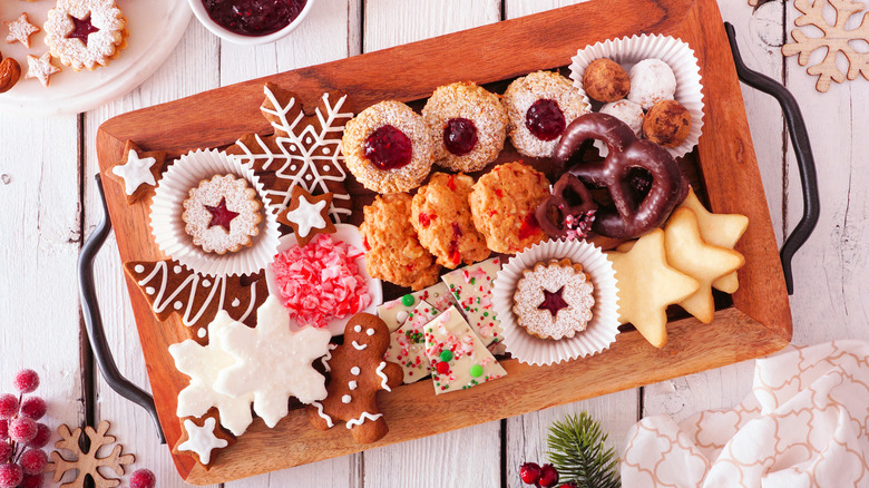 a tray of holiday cookies