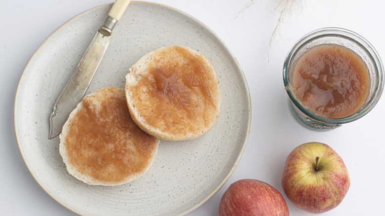 Apple butter spread on english muffins with apples