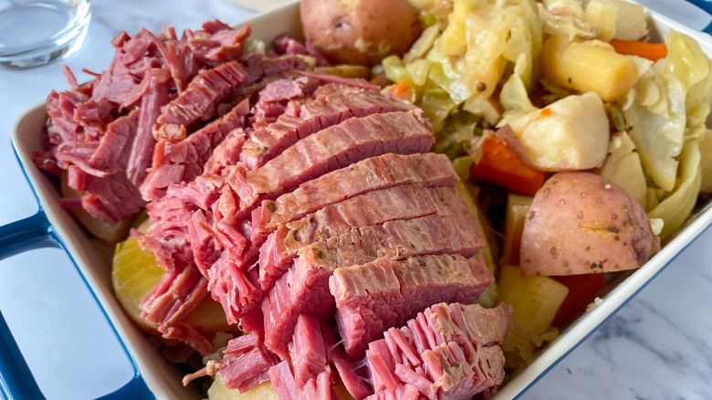 Corned beef and vegetables in a serving casserole