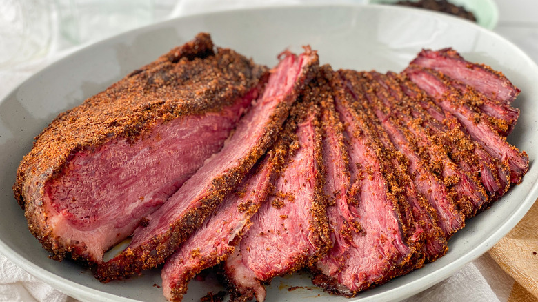 sliced pastrami on plate 