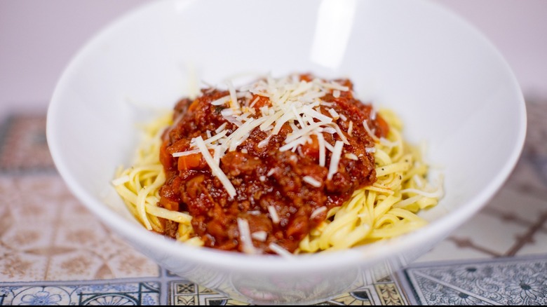 Spaghetti Bolognese in white bowl