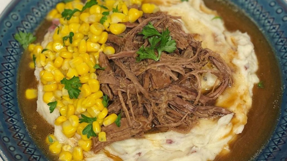 Pot beef roast with corn and garlic mashed potatoes