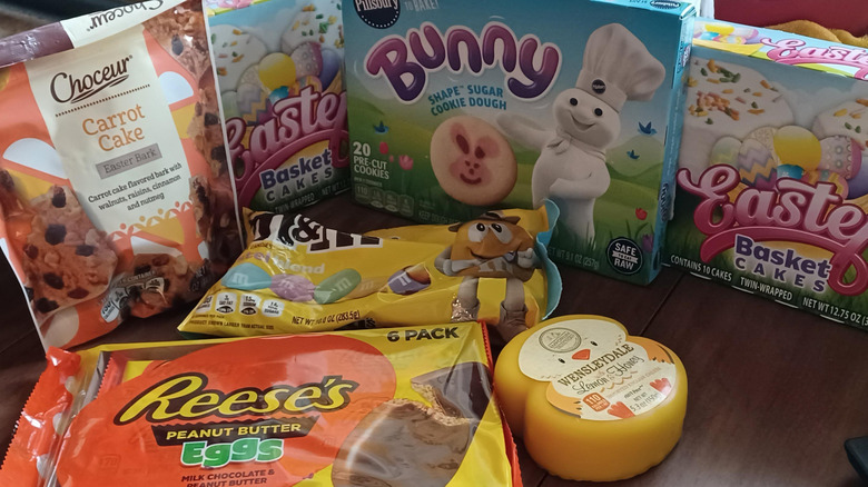 Assorted Easter-themed grocery items on a table.