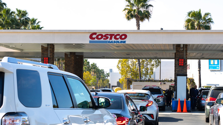 Costco gas station with a line of cars