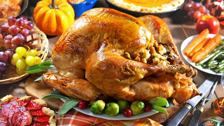 Thanksgiving turkey with colorful fruits and vegetables