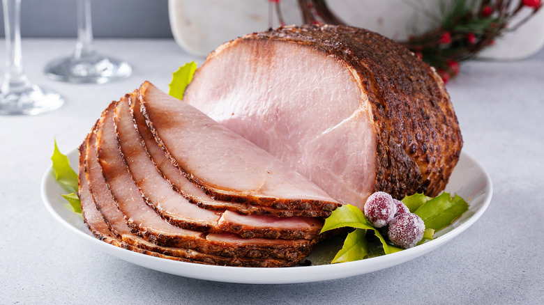 Sliced ham on plate
