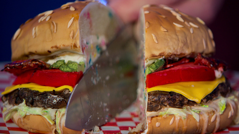 Hamburger cake cut in half 