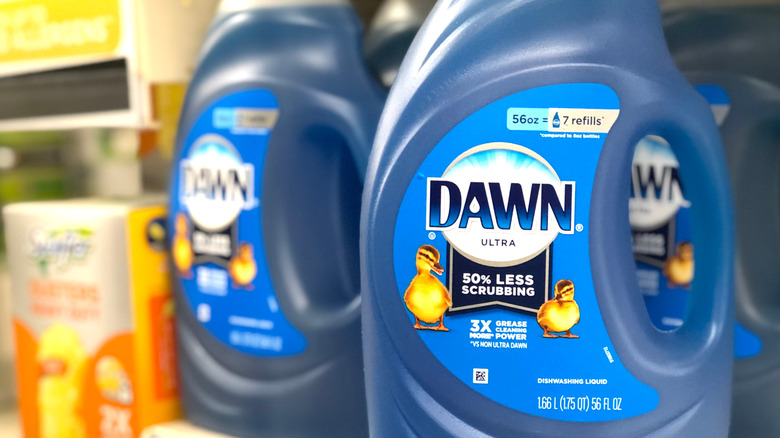 Two large jugs of blue Dawn dish soap on a shelf inside a store