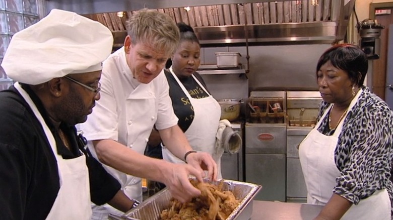Gordon Ramsay talking with employees of Ms. Jean's Southern Cuisine