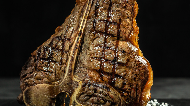 A steak with grill marks and a bone.