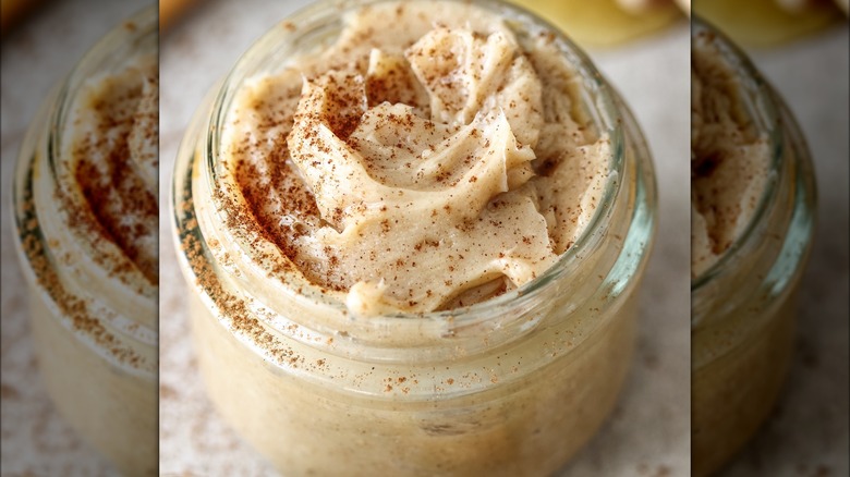 Homemade whipped cinnamon honey butter spread in a jar
