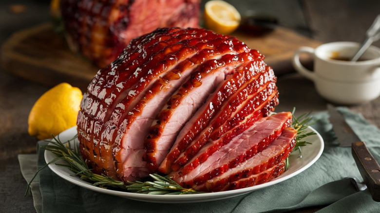 Glazed, spiral-cut ham on plate with rosemary