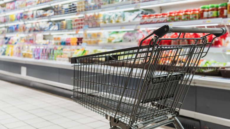 Empty cart in a grocery store in the cold aisle
