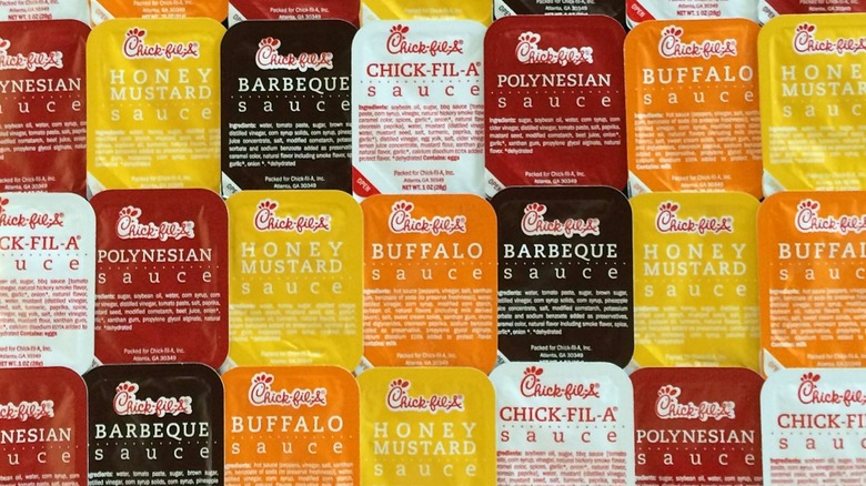 Rows of Chick-fil-A sauces