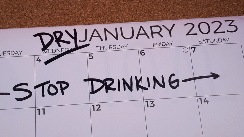 January 2023 calendar with the words "stop drinking" written on it