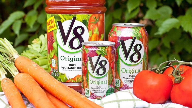 bottles and cans of V8 original vegetable juice